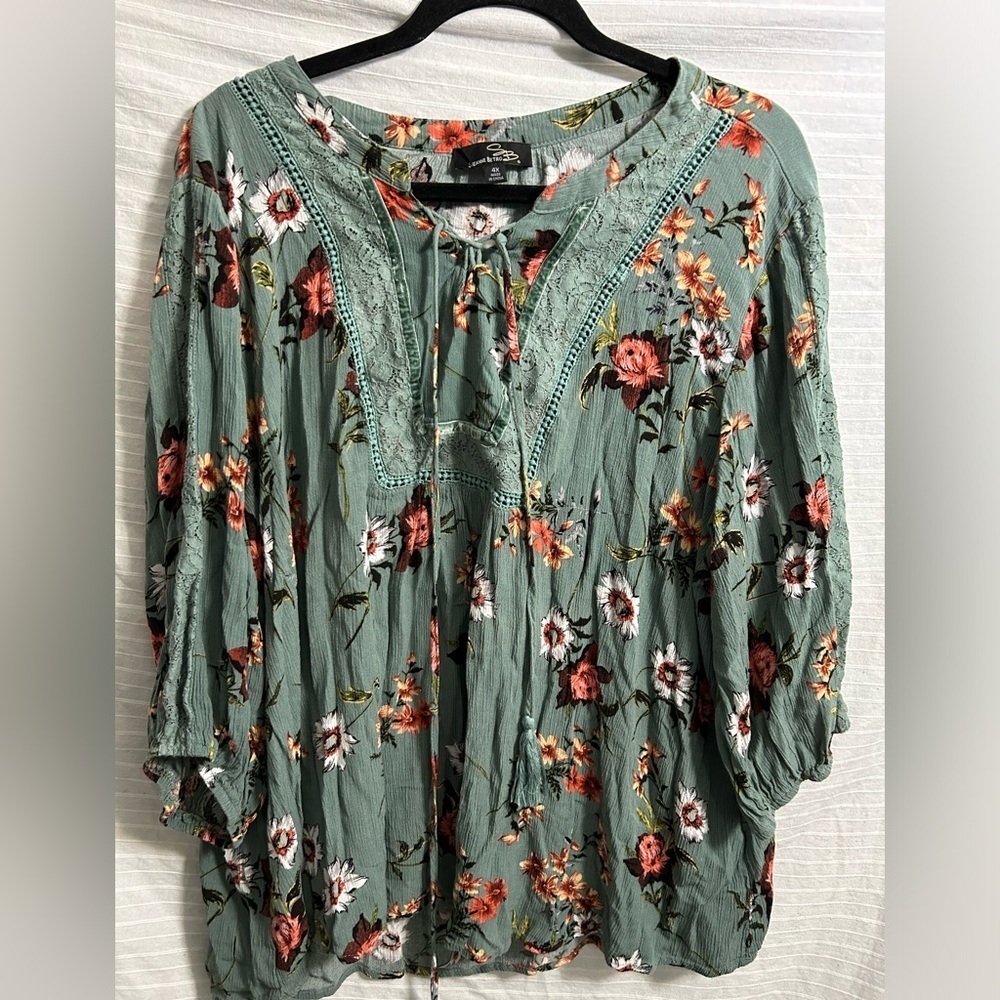 Suzanne Betro Green Floral Bishop Sleeve Notch Neck Blouse Size 4X